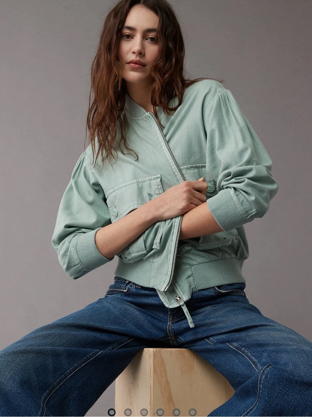 American Eagle dreamy drape light sage utility bomber jacket
